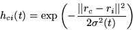 \begin{displaymath}h_{ci}(t) = \exp \left( - \frac{\vert\vert r_c - r_i \vert\vert^2}{2 \sigma^2(t)} \right)
\end{displaymath}