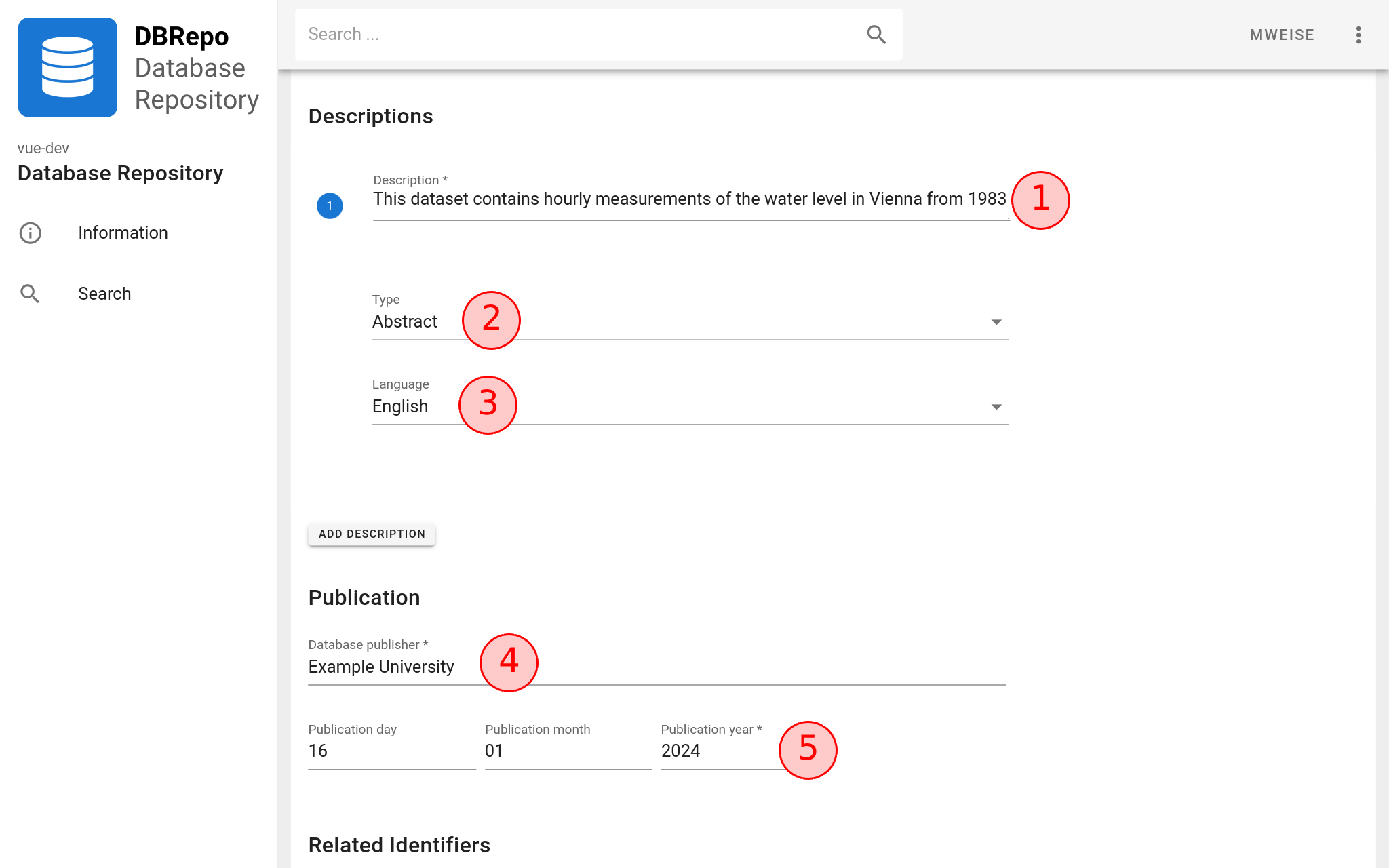 Identifier description fields and publishing information