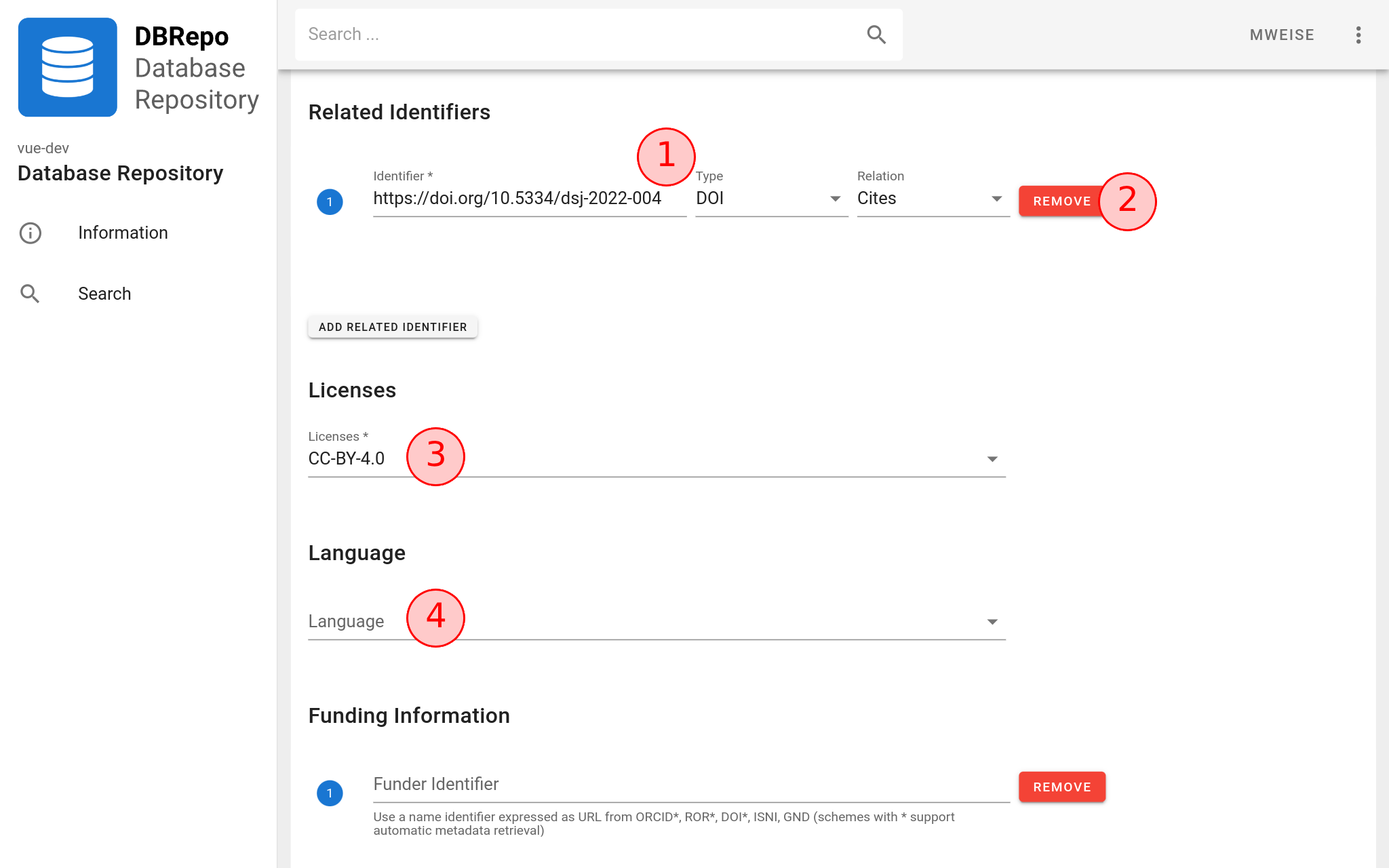 Related identifiers, license and language of the identifier