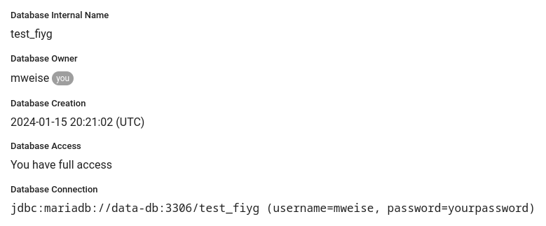 JDBC connection information