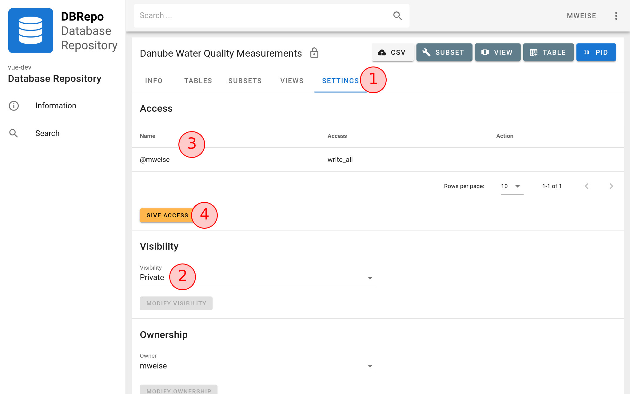 Database settings for visibility and access